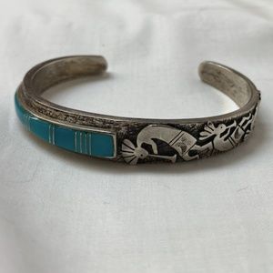 Vintage silver and turquoise southwestern Kokopelli cuff bracelet